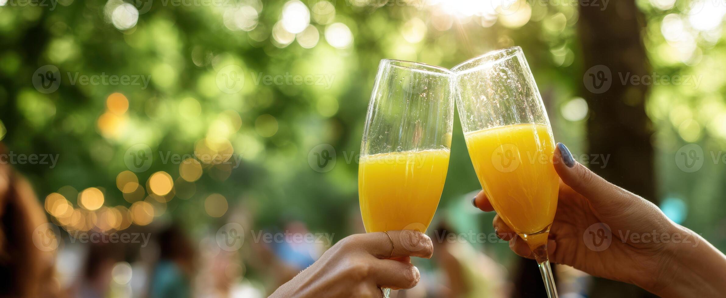 The joyful toast of refreshing mimosas among friends in a sunny outdoor setting photo