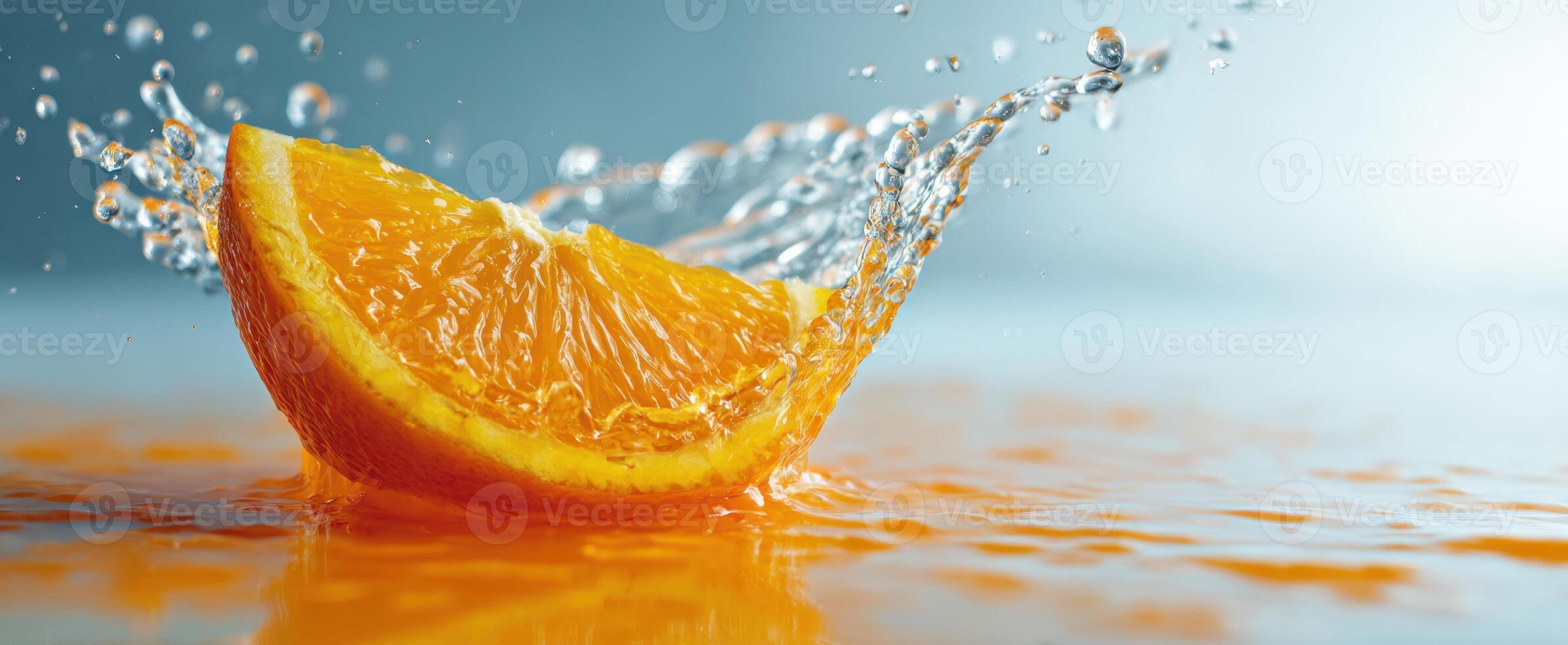 The vibrant orange slice creating a splash in fresh water scene photo