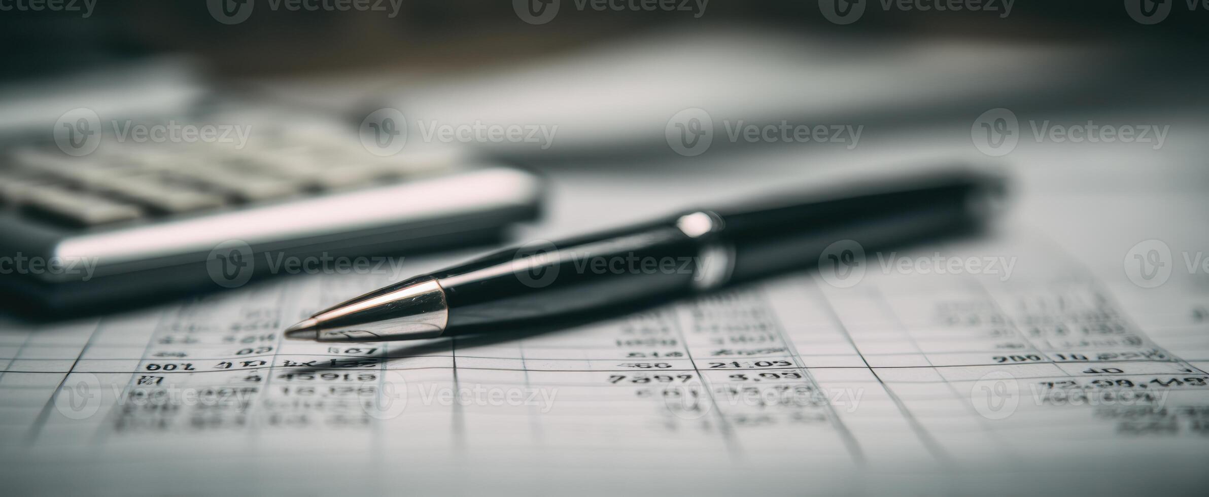 The pen resting on financial documents with a calculator in a business environment. photo