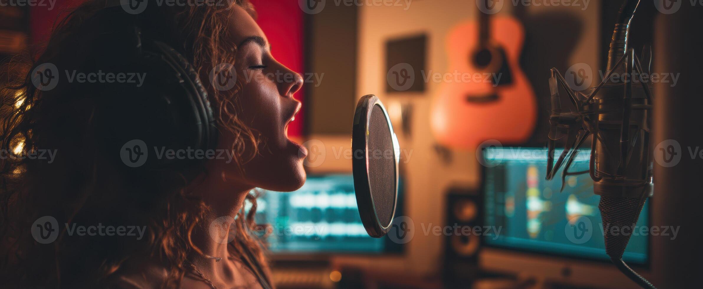 The passionate singer recording vocals in a music studio environment. photo