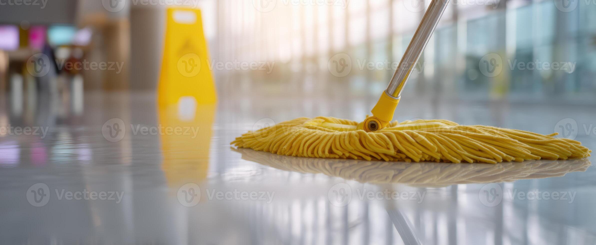 The yellow mop cleaning a shiny floor in a busy indoor environment. photo
