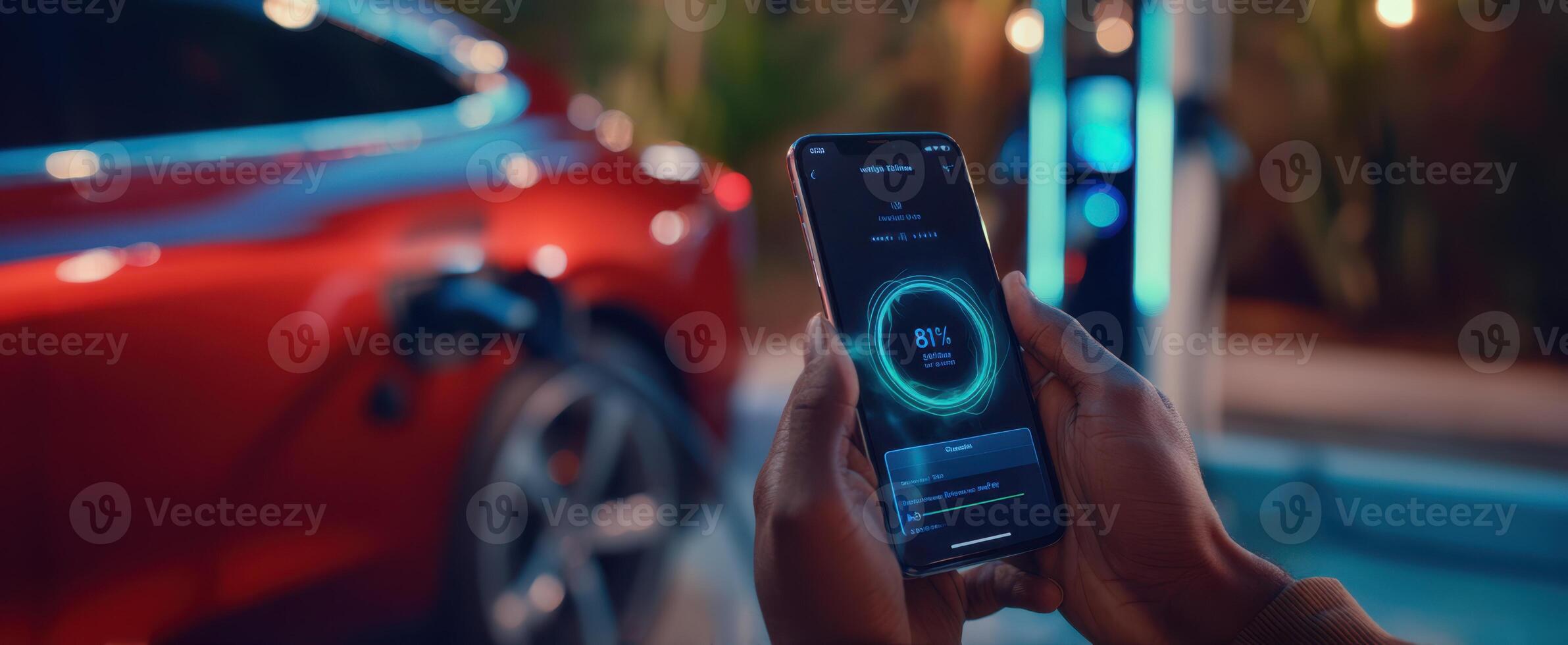 The smartphone app displaying charging status of an electric car at night. photo