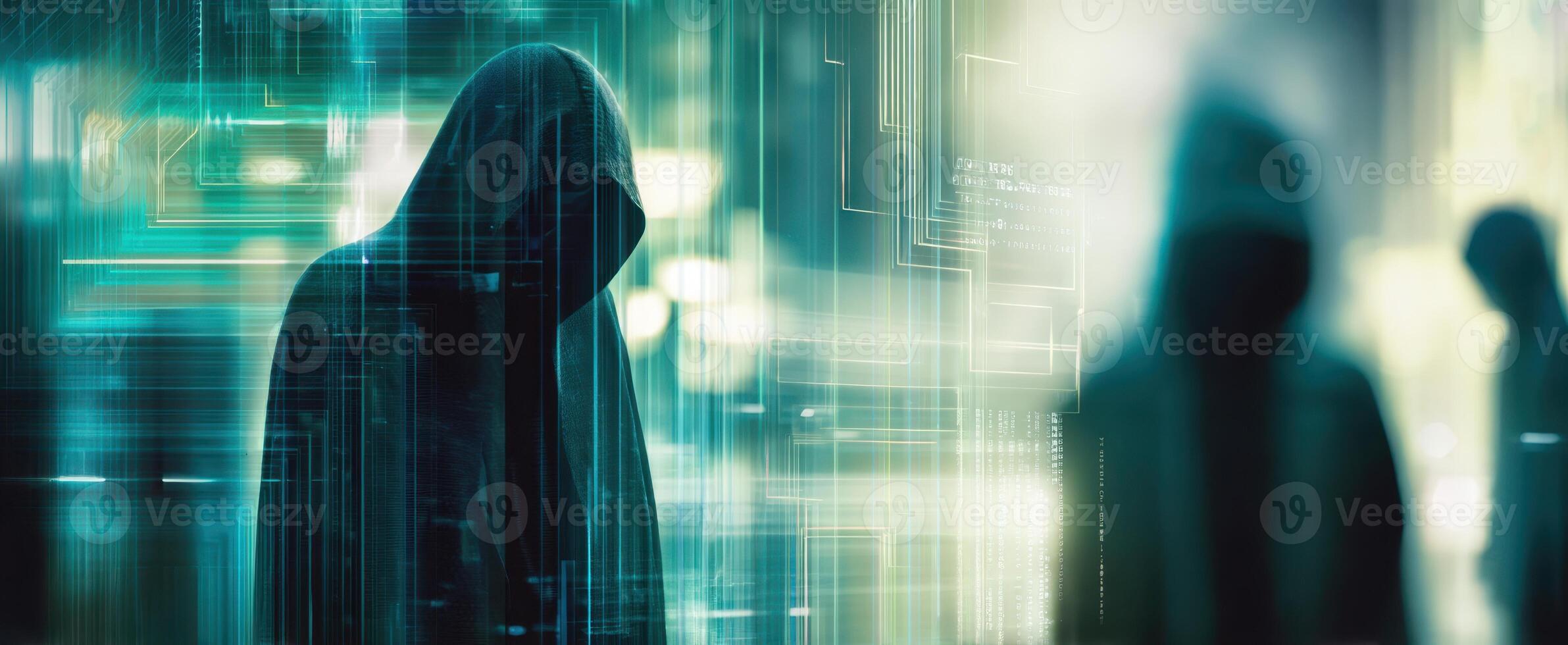 The mysterious hooded figure standing against a digital background of technology. photo