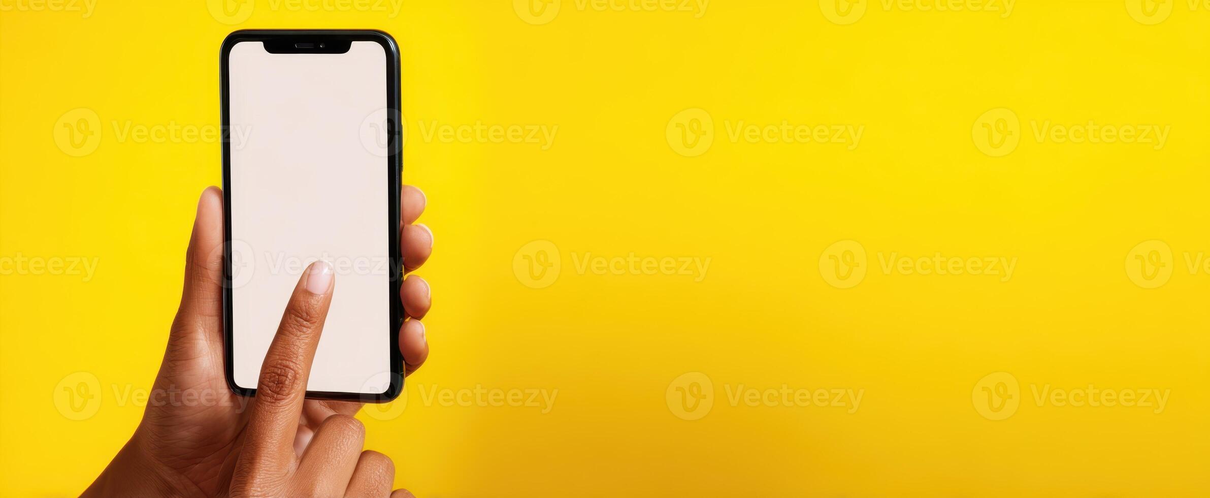 The modern smartphone being held with a finger poised to interact. photo