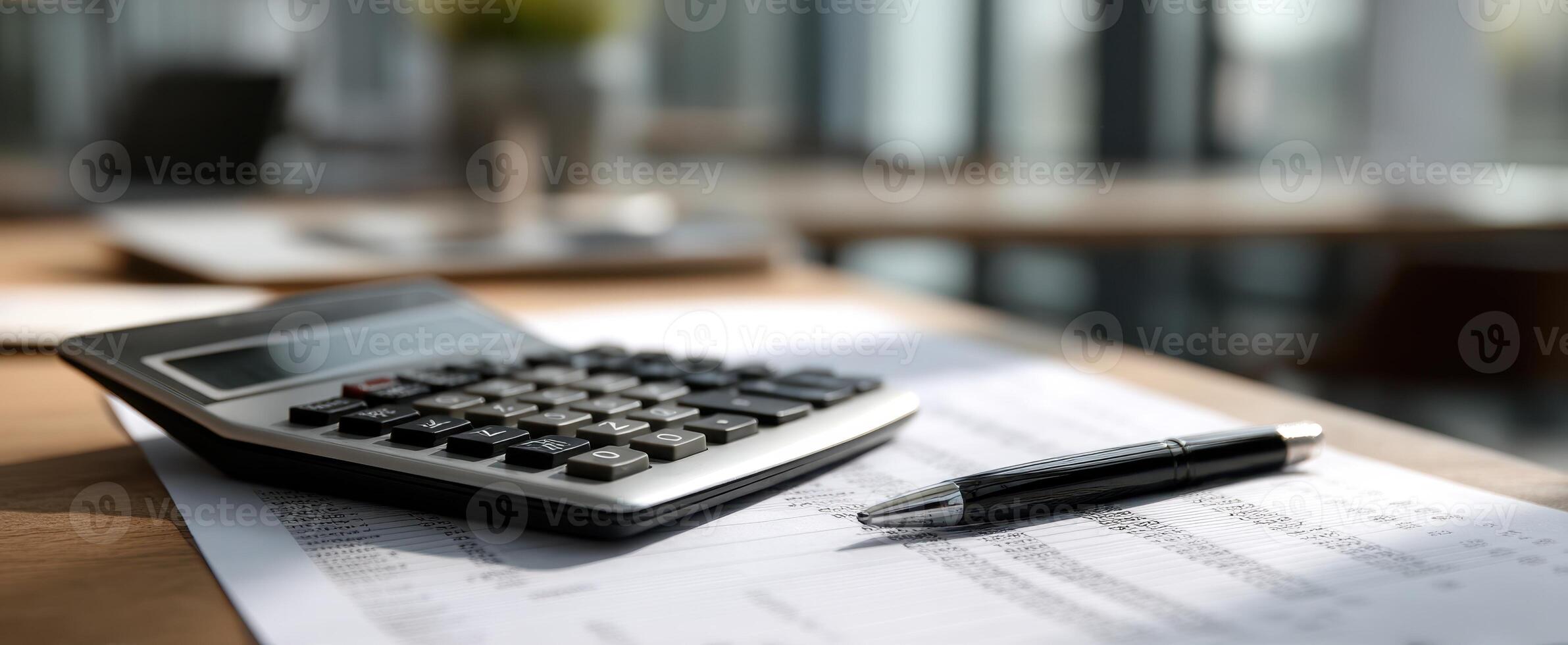 The calculator and pen on financial documents in a modern office workspace. photo