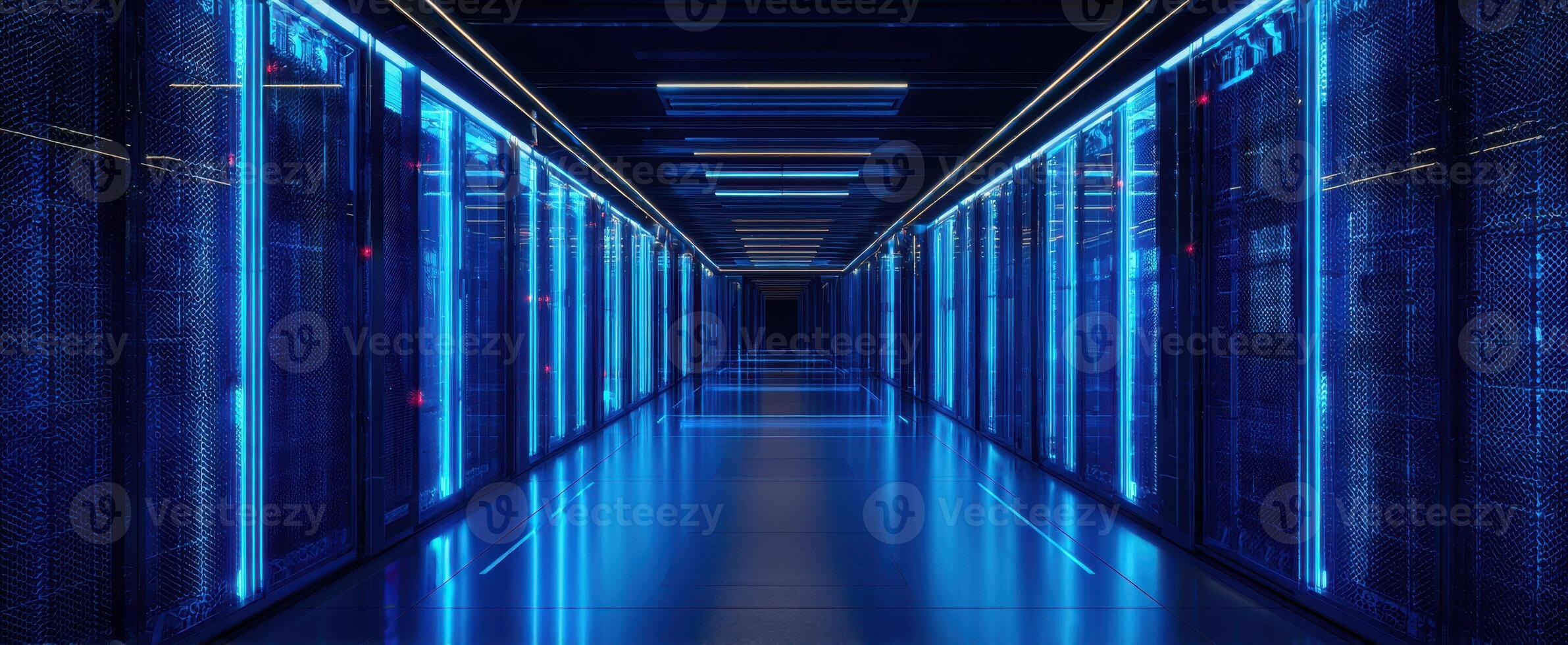 The modern data center illuminated by cool blue light. photo