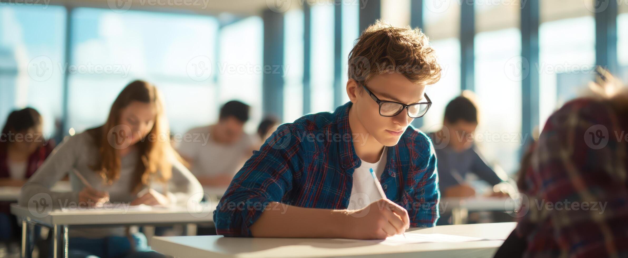 The focused student examining notes during an important school test in classroom. photo