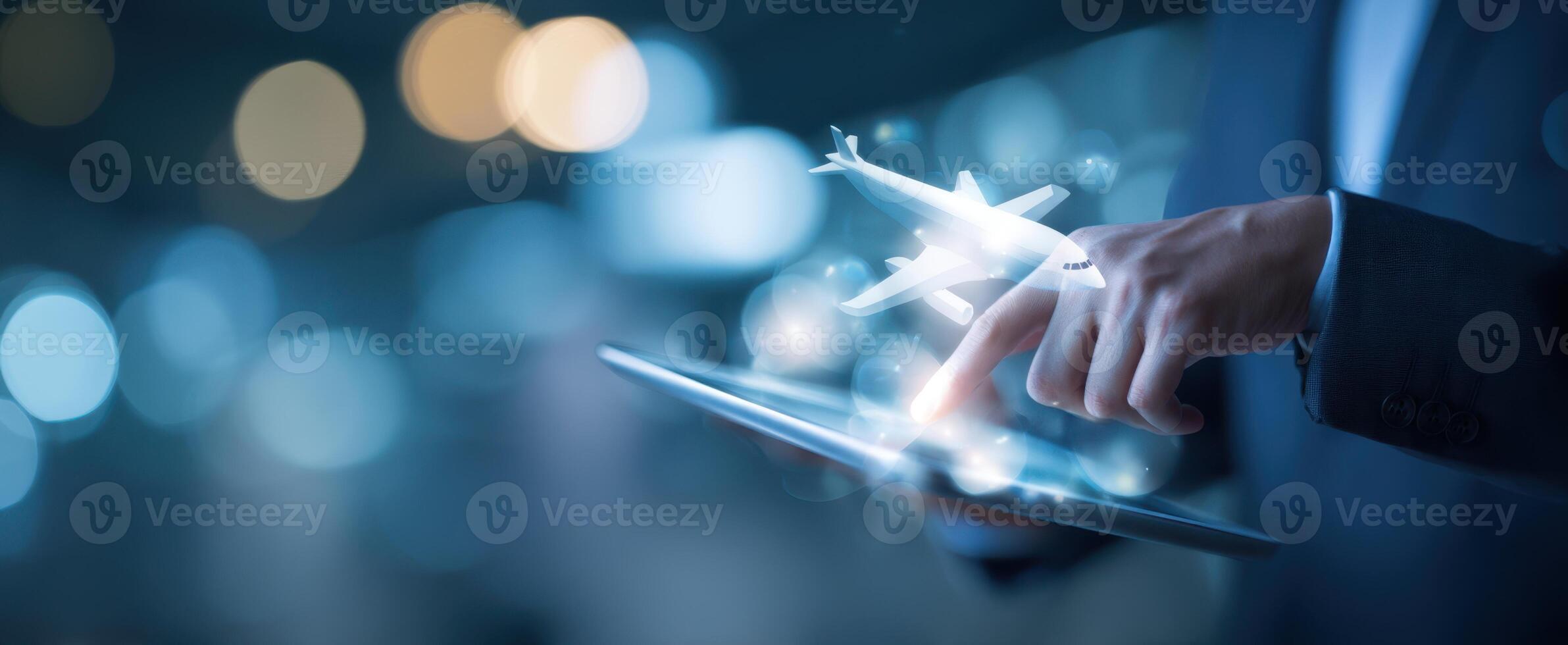 The digital tablet showcasing a virtual airplane in a modern business setting. photo