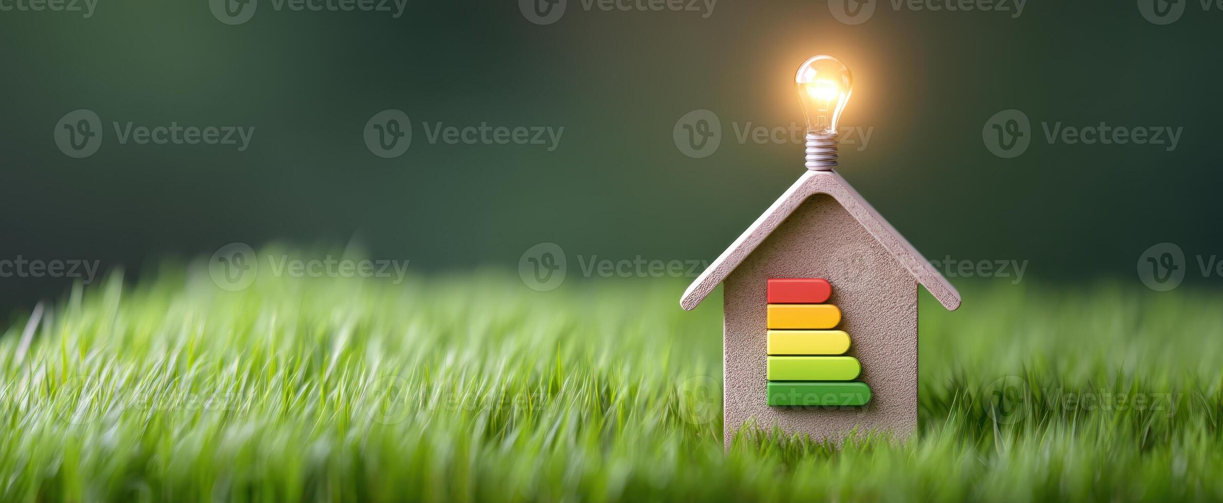 The energy-efficient house with a glowing light bulb symbolizing sustainability. photo