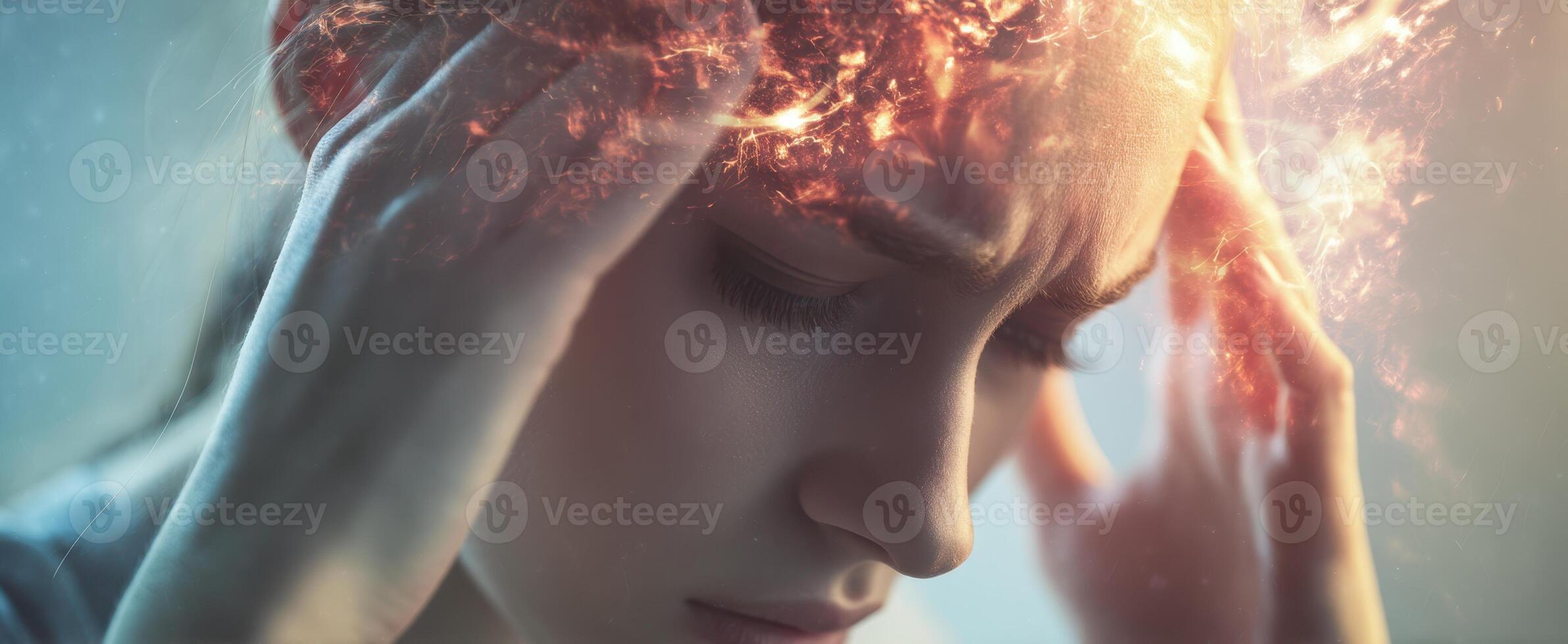 The woman experiencing overwhelming stress and emotional turmoil in her thoughts. photo
