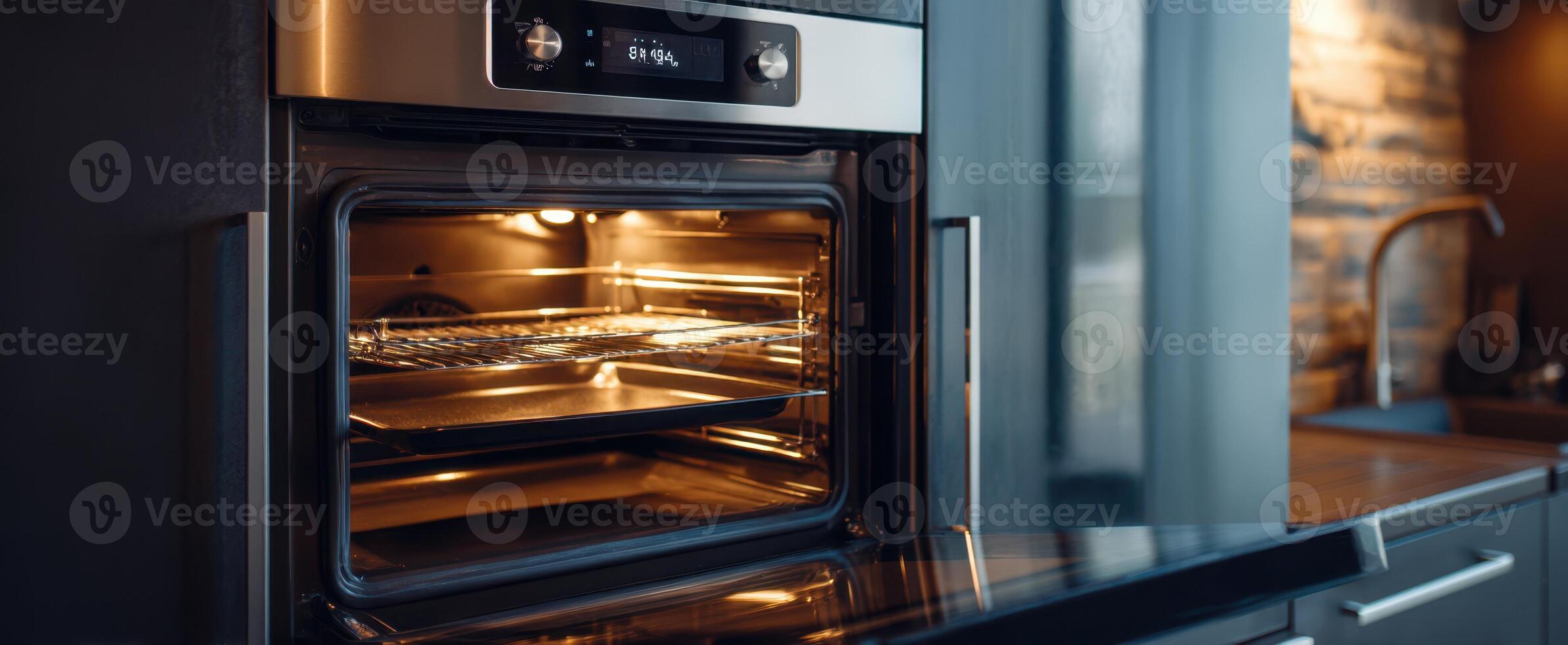 The sleek modern oven in a stylish kitchen with warm lighting. photo
