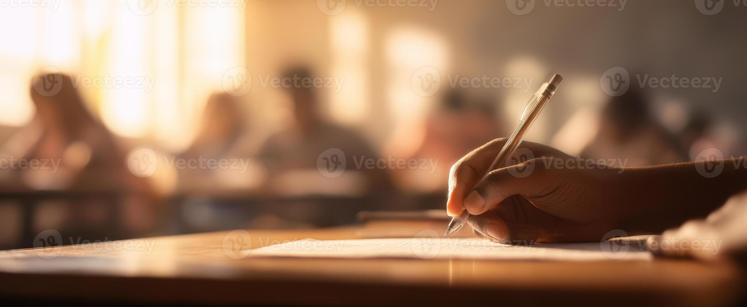The student focusing intently while writing in a sunlit classroom setting photo