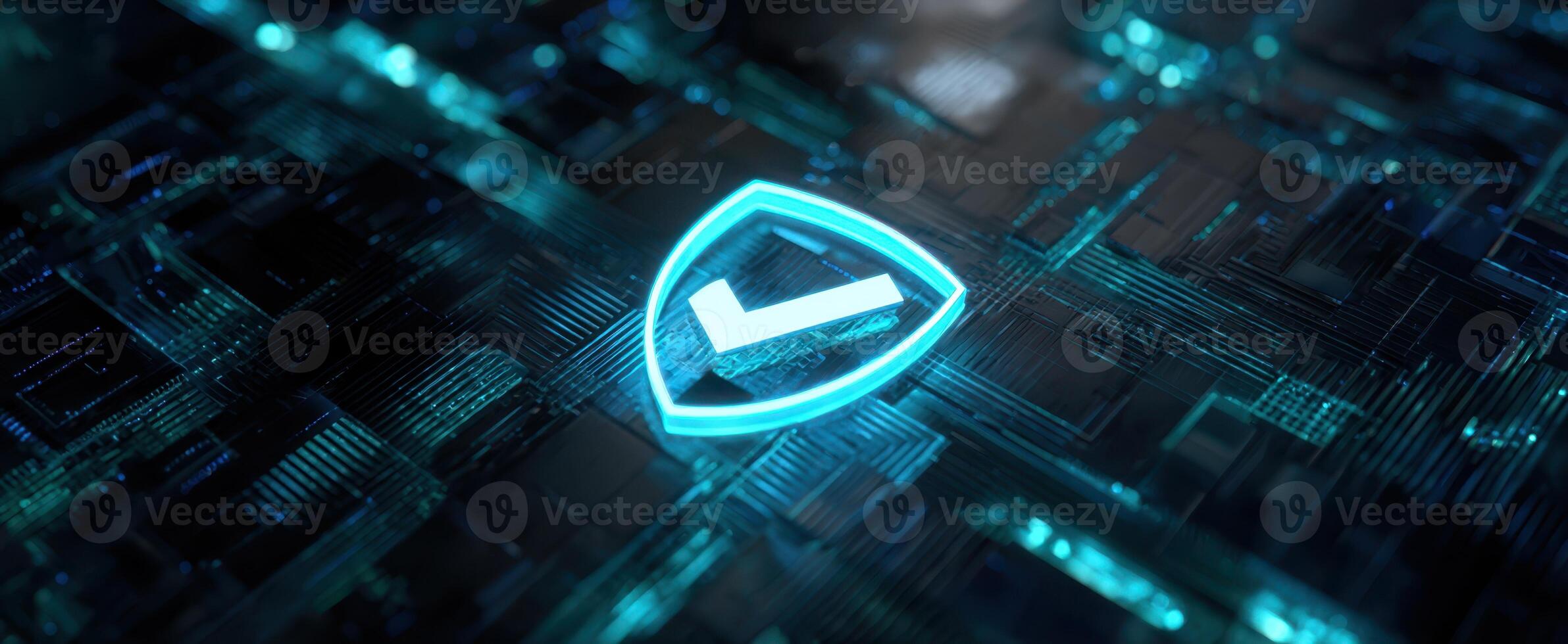 The glowing shield symbol representing digital security and protection in technology. photo