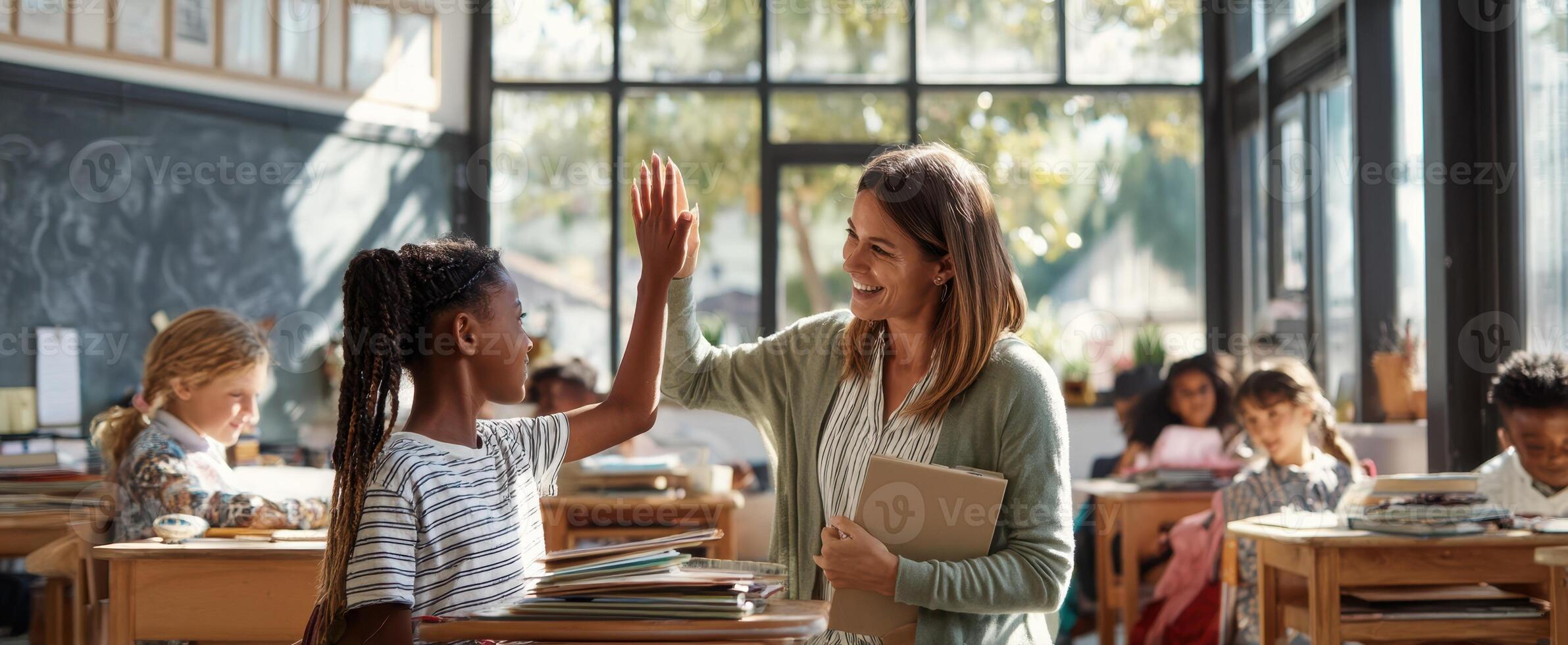 The joyful interaction between a teacher and student in a vibrant classroom setting. photo