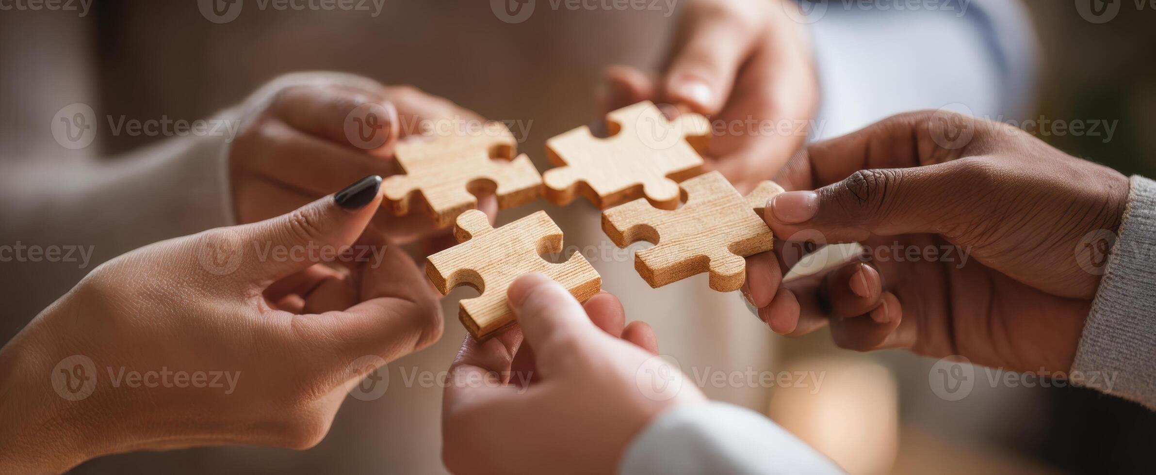 The hands connecting wooden puzzle pieces in a collaborative teamwork project. photo