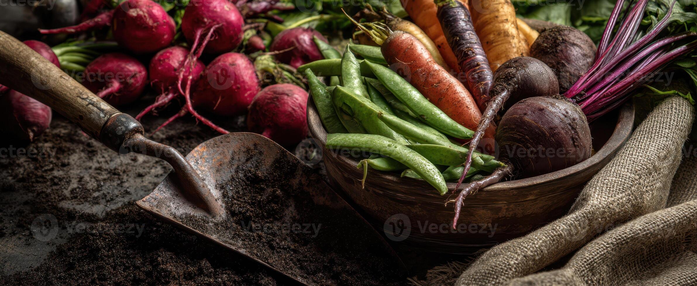 The Assortment of Freshly Harvested Vegetables in a Rustic Setting photo