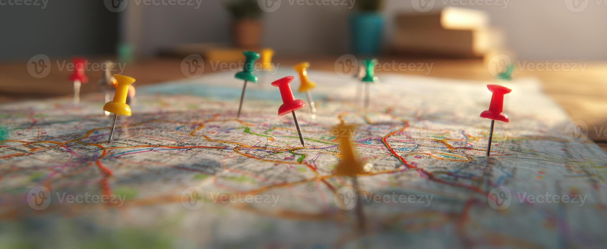 The colorful pins positioned on a detailed map for travel planning photo