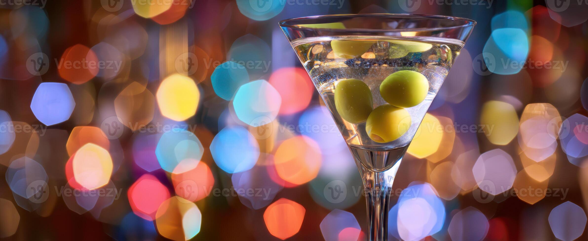 The refreshing martini garnished with olives against a vibrant bokeh background photo