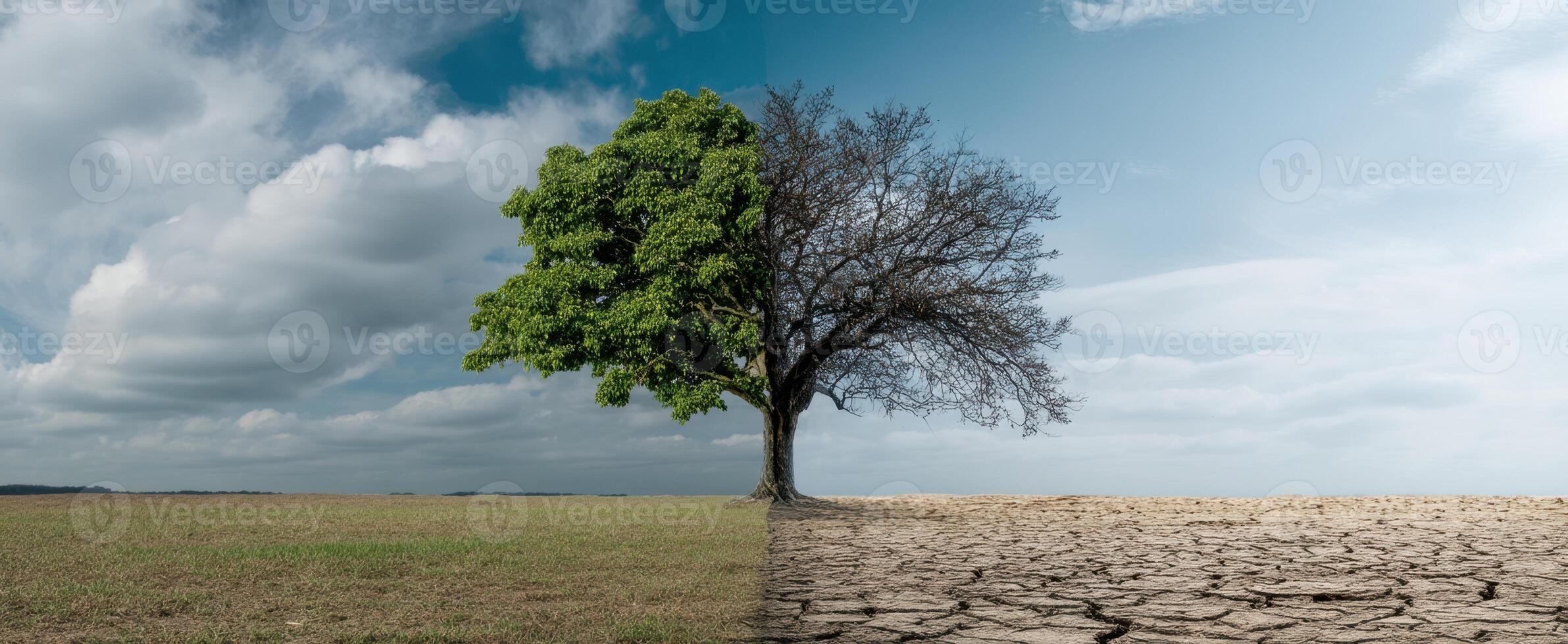 The striking contrast of a vibrant green tree and a barren landscape. photo