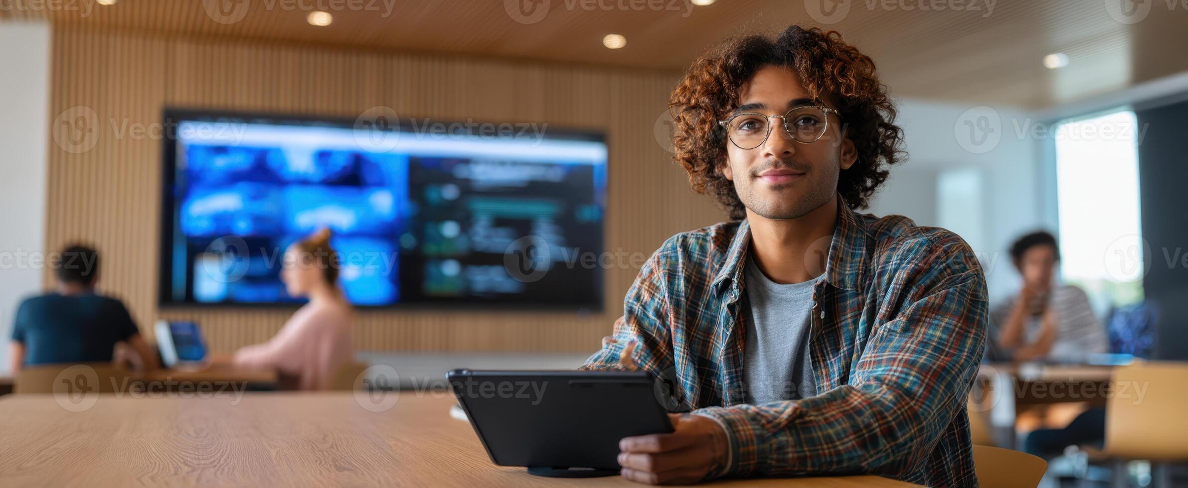 The student engaging with a tablet in a collaborative modern workspace. photo
