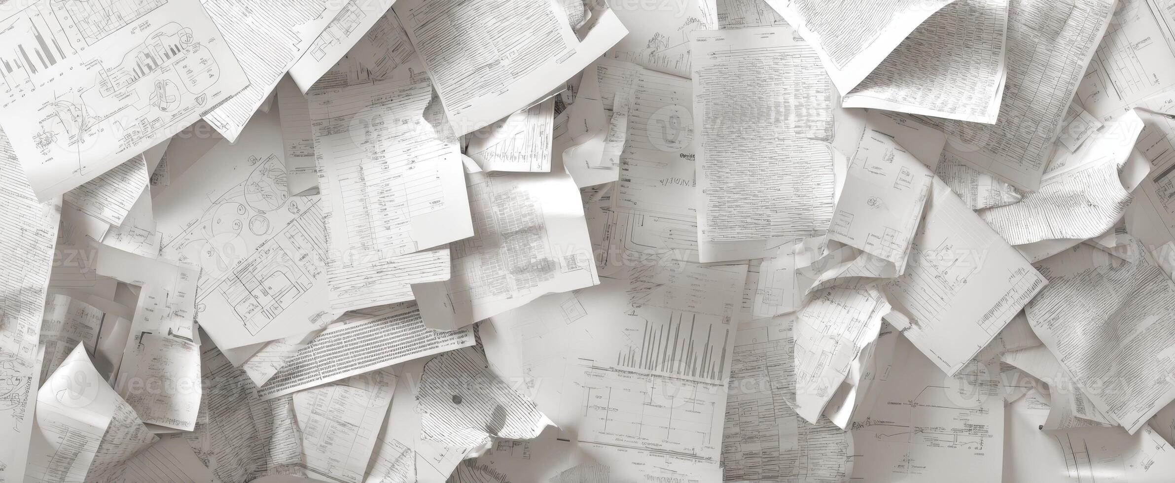 The chaotic arrangement of disorganized documents scattered across a surface. photo