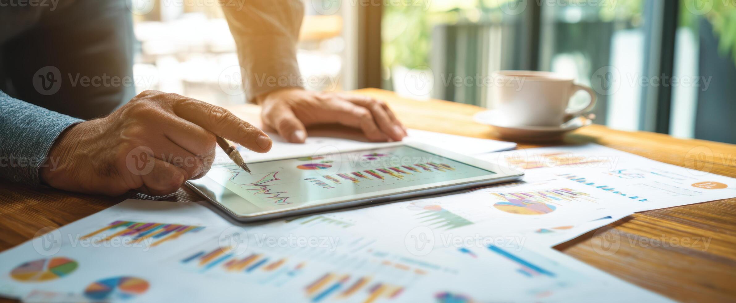 The professional analyzing data on a tablet with paper reports on a wooden desk. photo