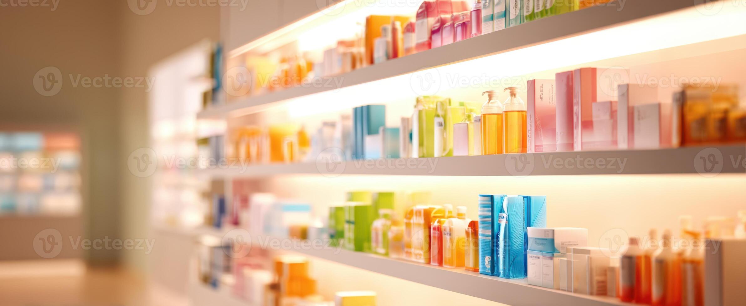 The vibrant shelves of skincare products in a modern retail space. photo