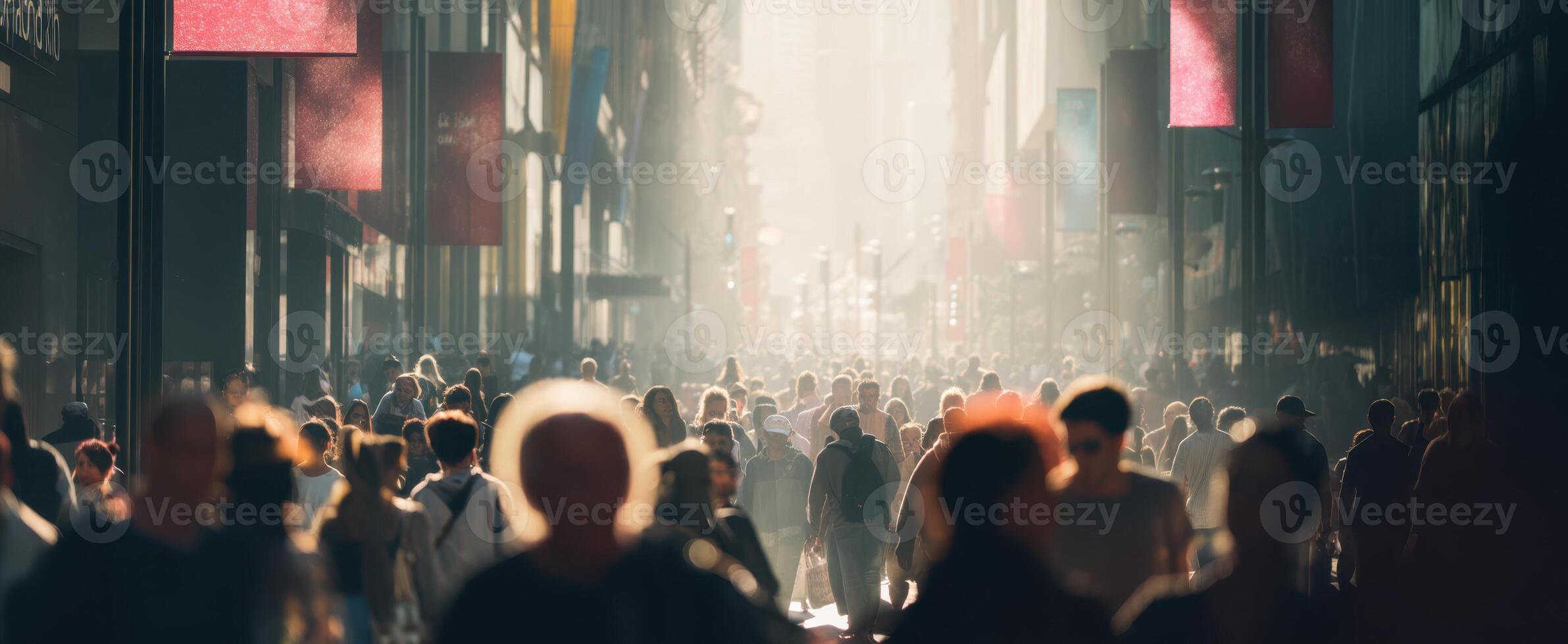 The bustling city street filled with sunlight and diverse crowds during the day. photo