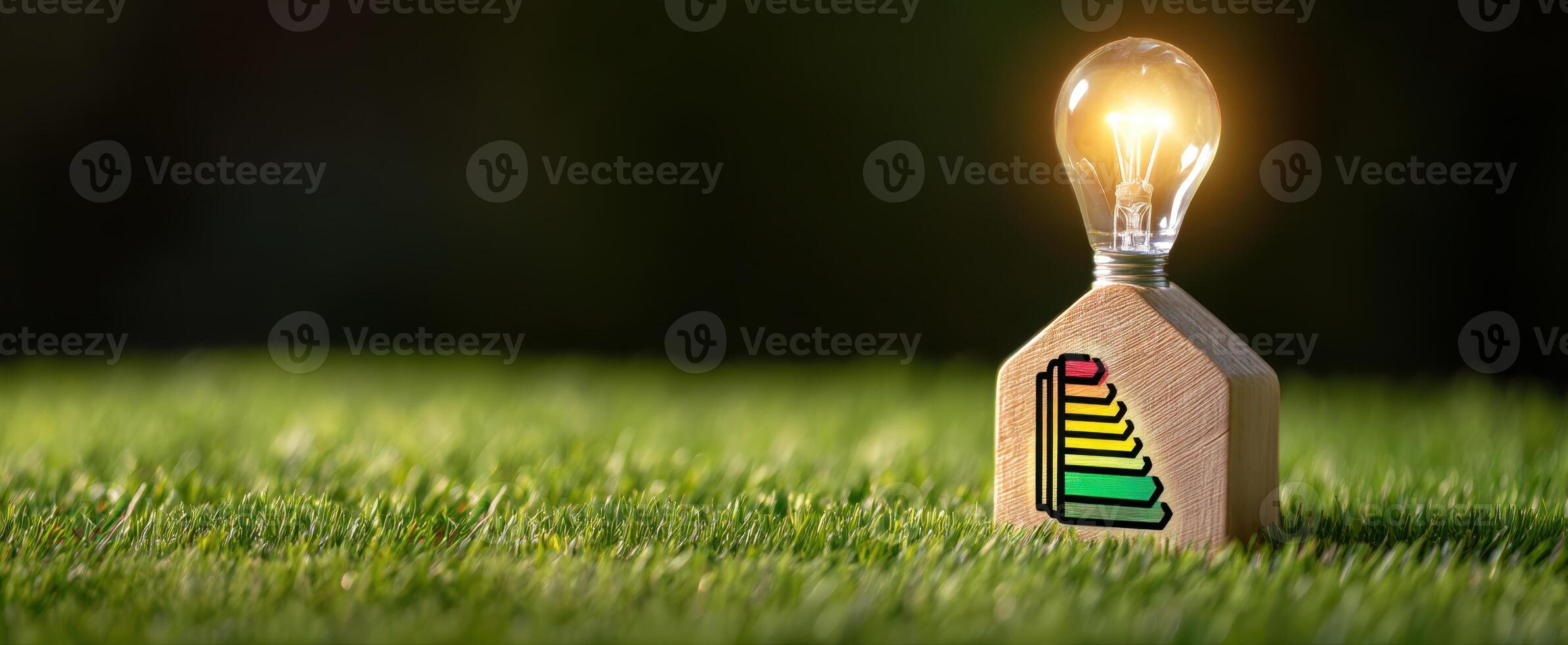 The illuminated light bulb resting on a stylish wooden house design. photo