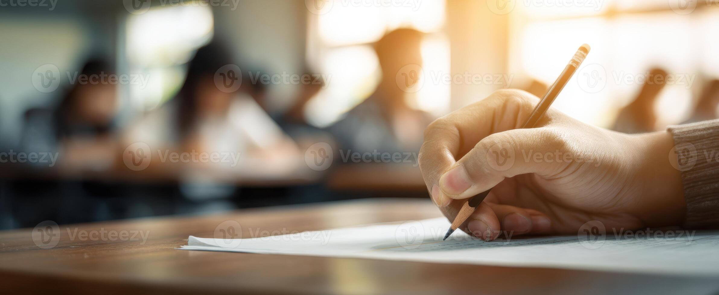 The student focusing on writing during an exam in a classroom setting. photo