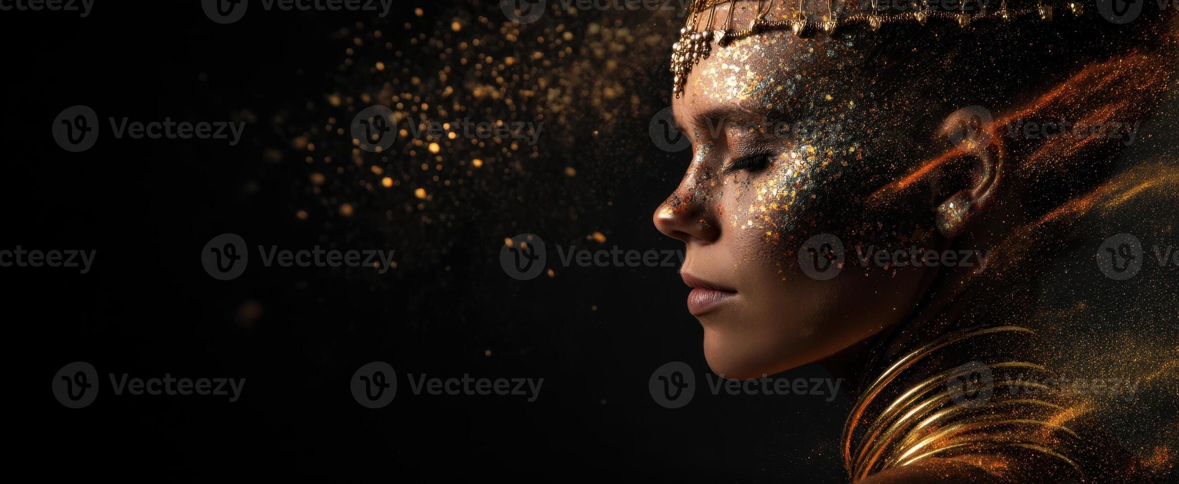 The golden portrait of a woman surrounded by ethereal sparkles and light. photo