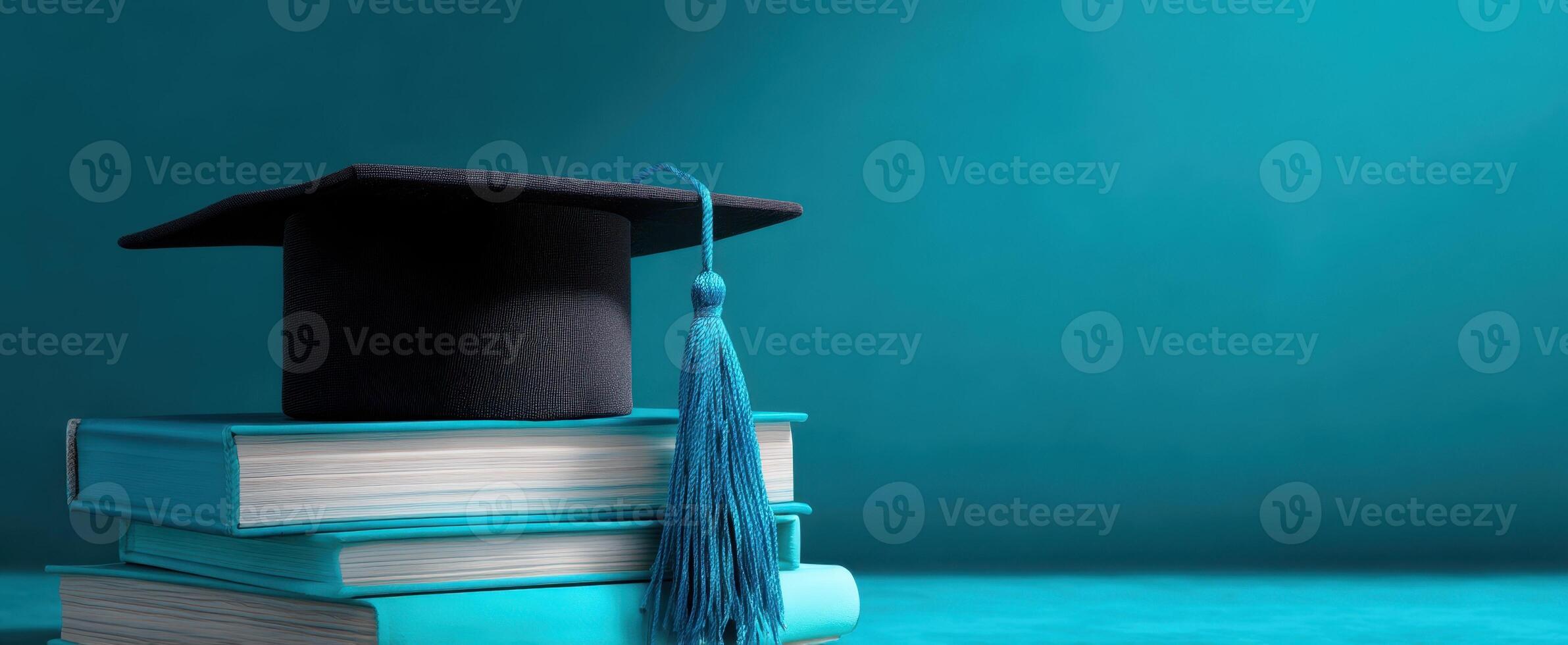 The graduation cap resting atop a stack of books on a blue background. photo