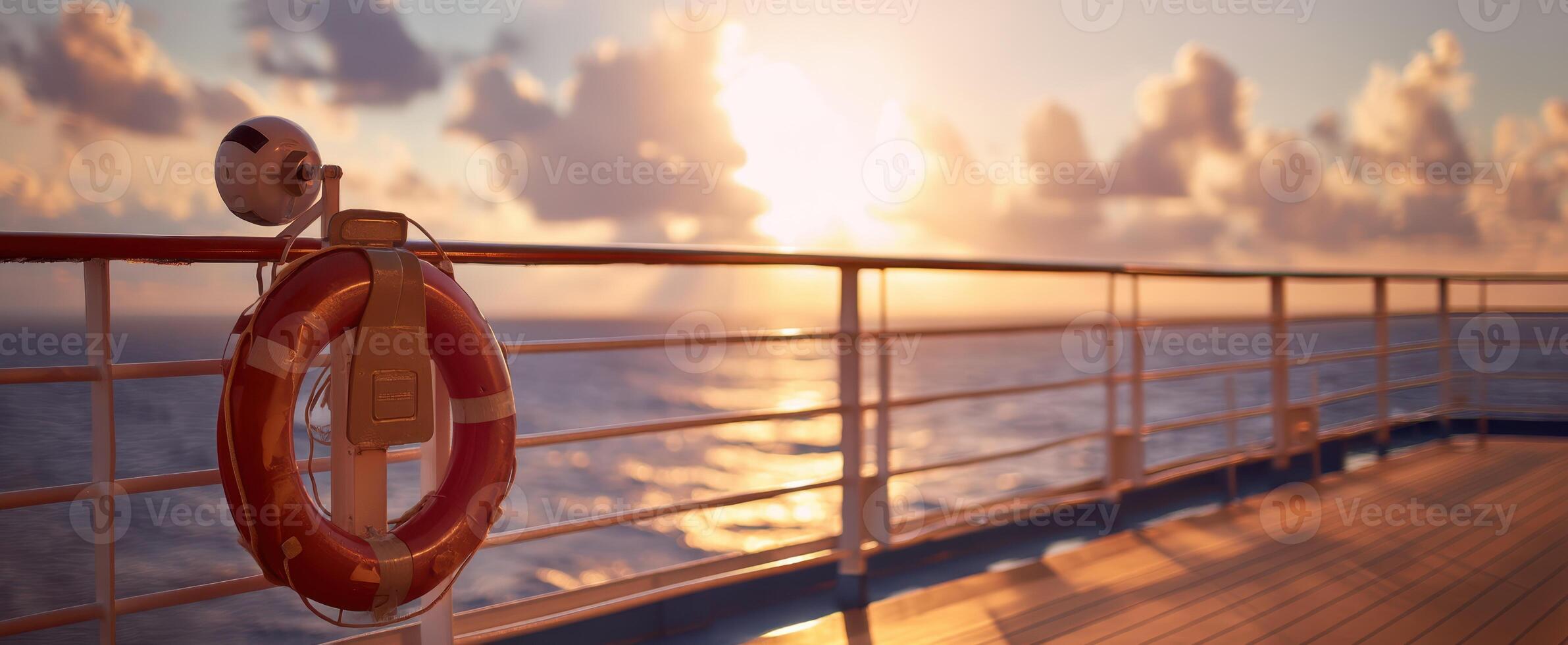 The lifebuoy overlooking a serene ocean sunset on a cruise ship deck. photo