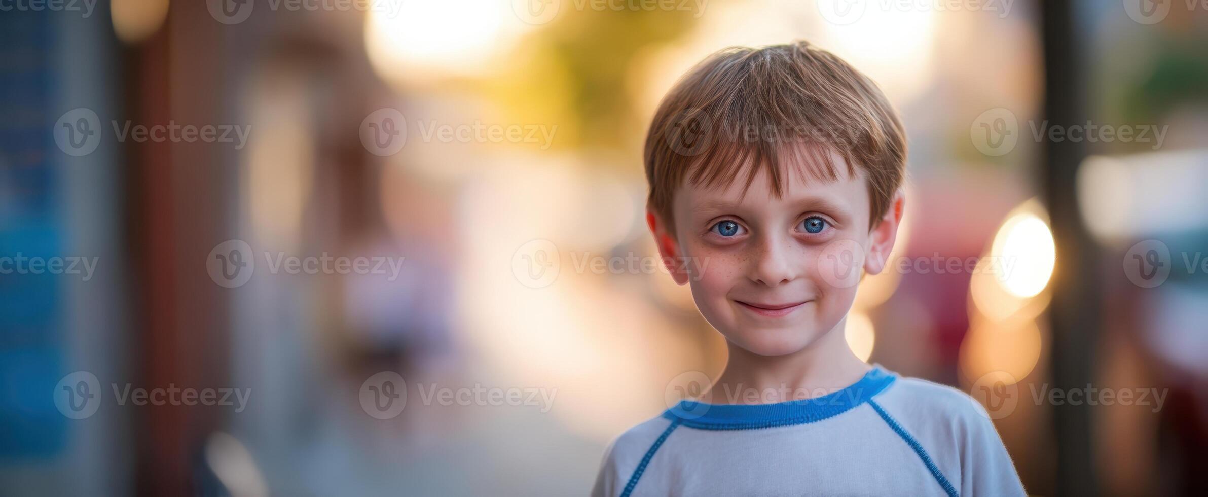 The smiling boy with blue eyes enjoying a sunny day outdoors. photo