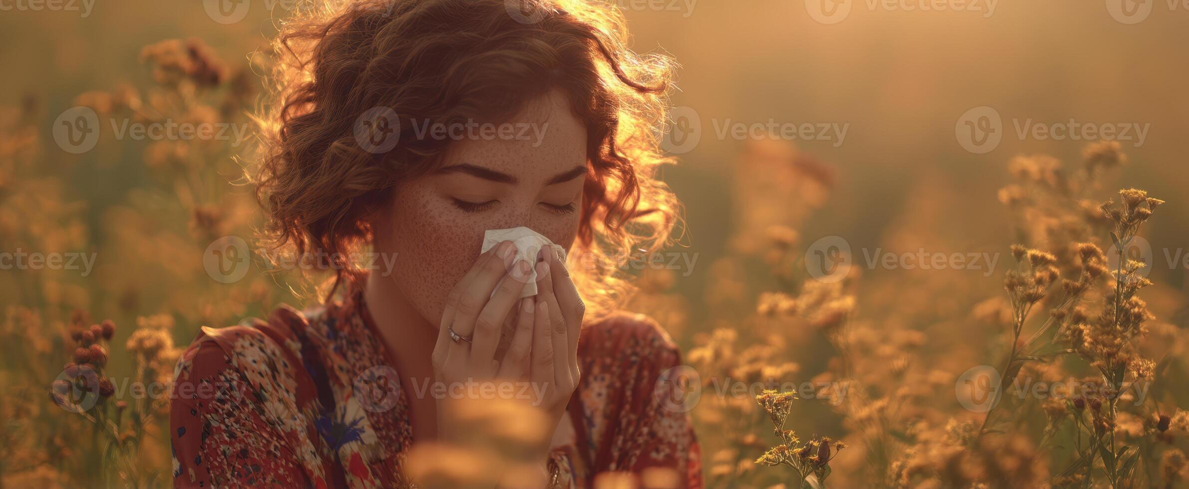 The woman experiencing allergies in a sunlit field of flowers. photo