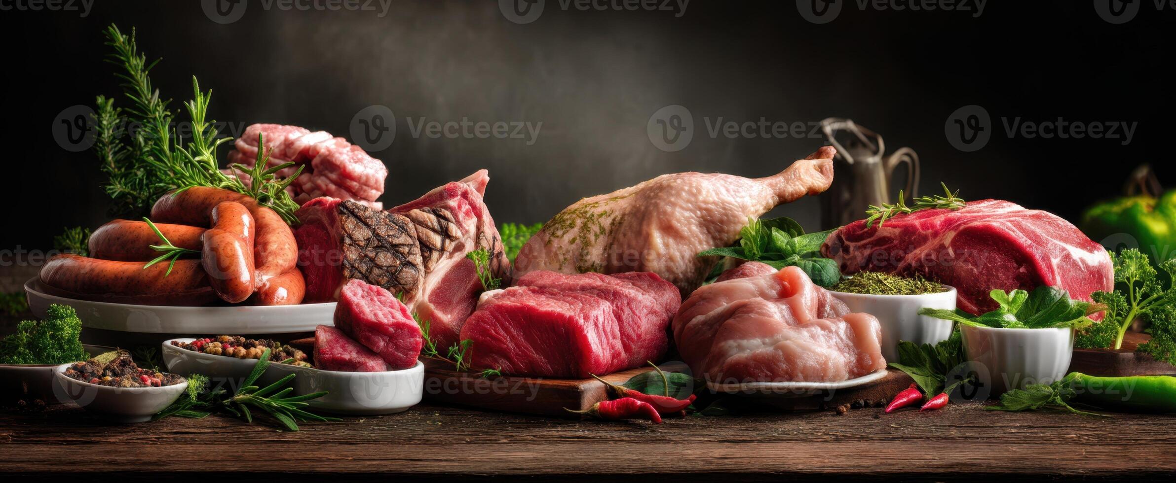 The vibrant assortment of fresh meats and herbs on a rustic wooden table. photo