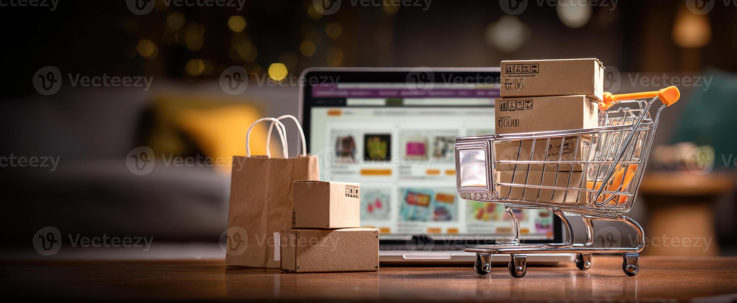 The shopping cart filled with packages beside a laptop displaying an online store. photo