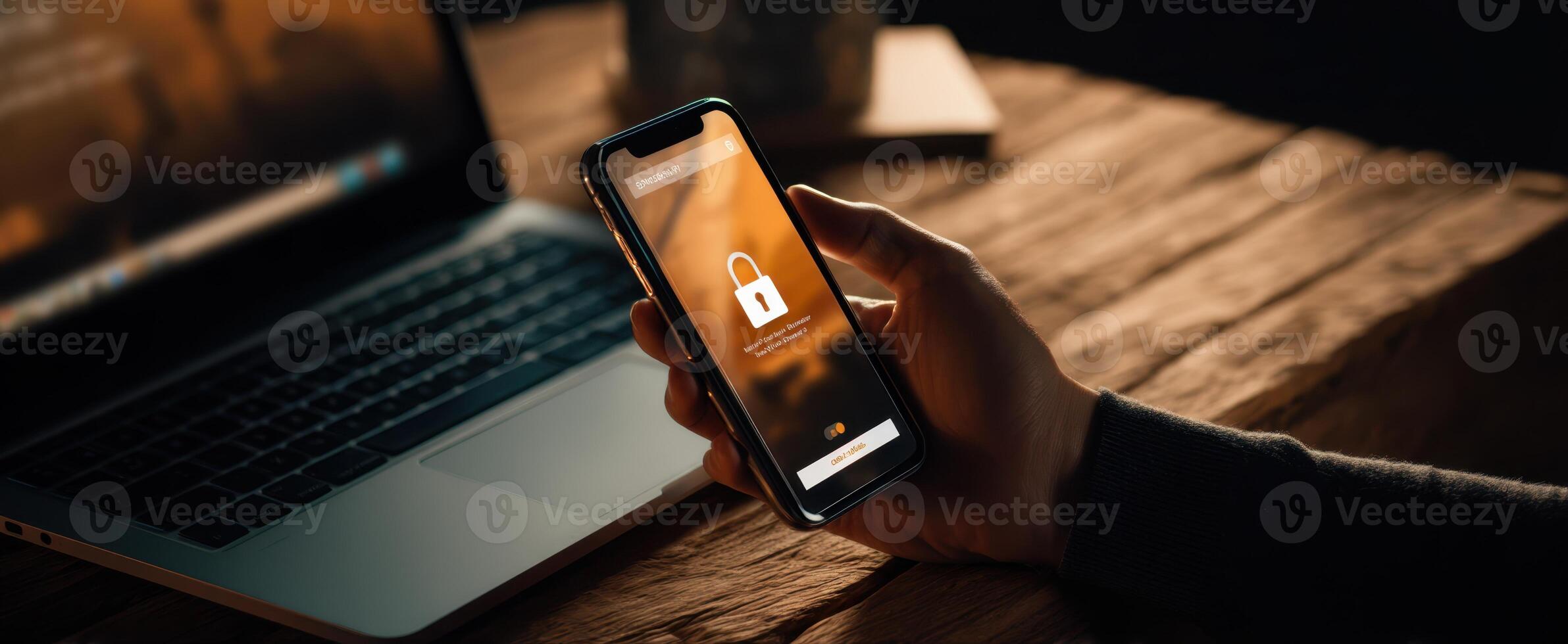 The smartphone displaying a locked screen in a modern workspace environment. photo