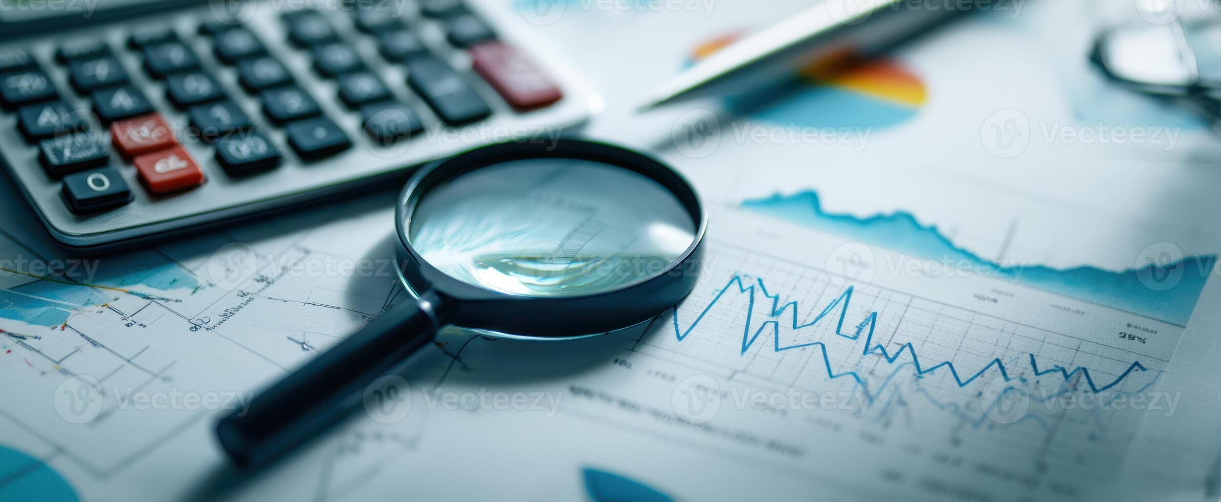 The magnifying glass on financial graphs and analytical tools for business insights. photo