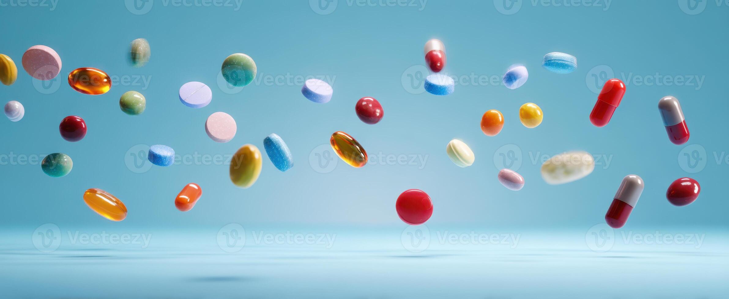 The vibrant array of colorful pills and capsules floating in mid-air. photo