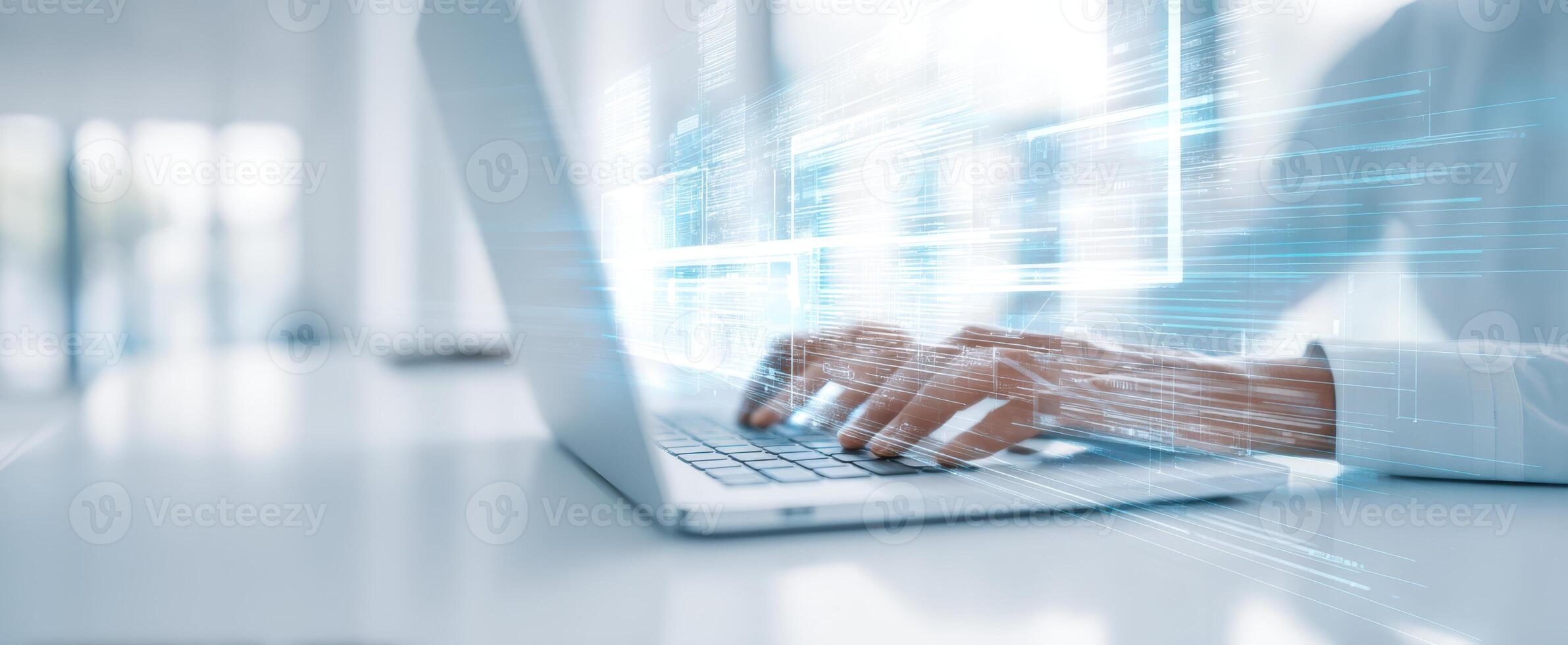 The laptop showcasing advanced digital interaction with innovative data visualization. photo