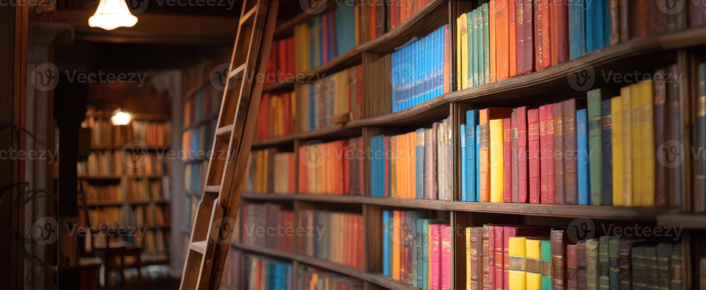 The cozy library filled with colorful books and inviting warmth. photo
