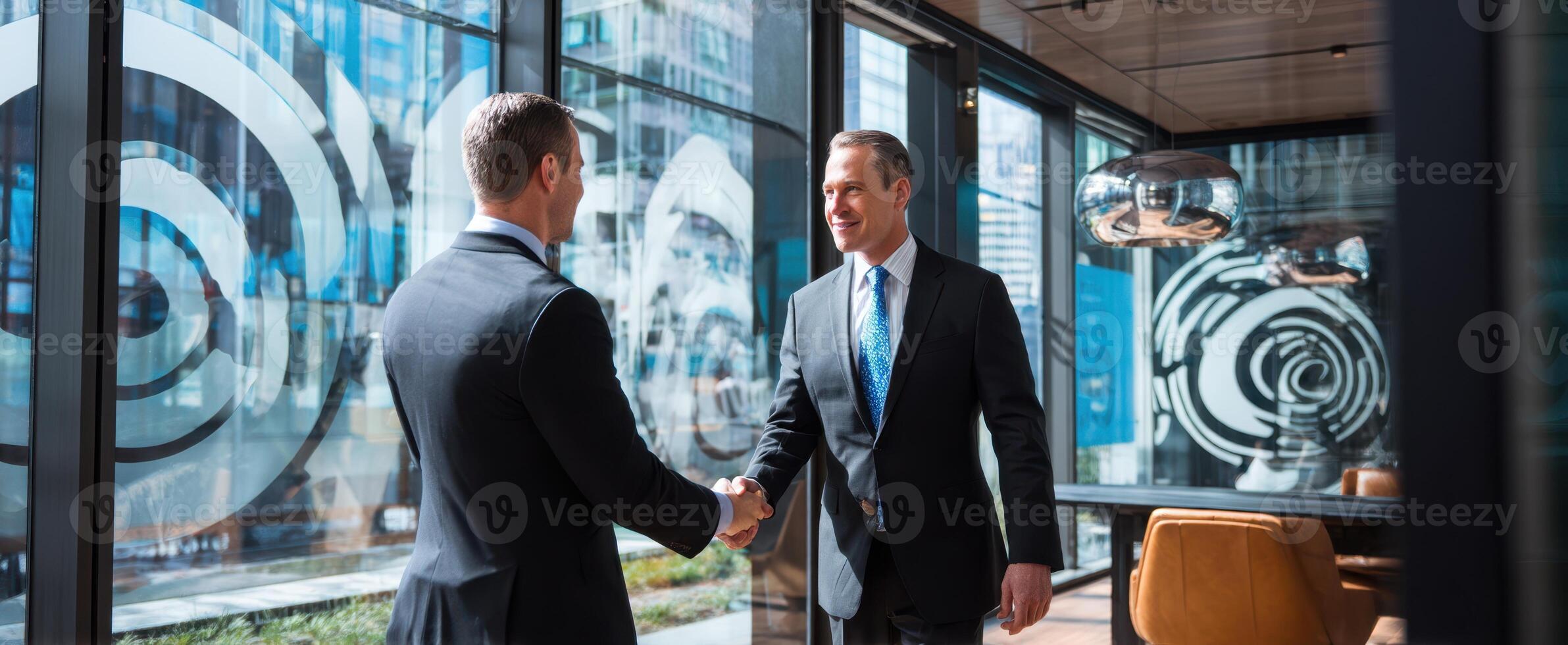 The handshake between two professionals in a modern office setting photo