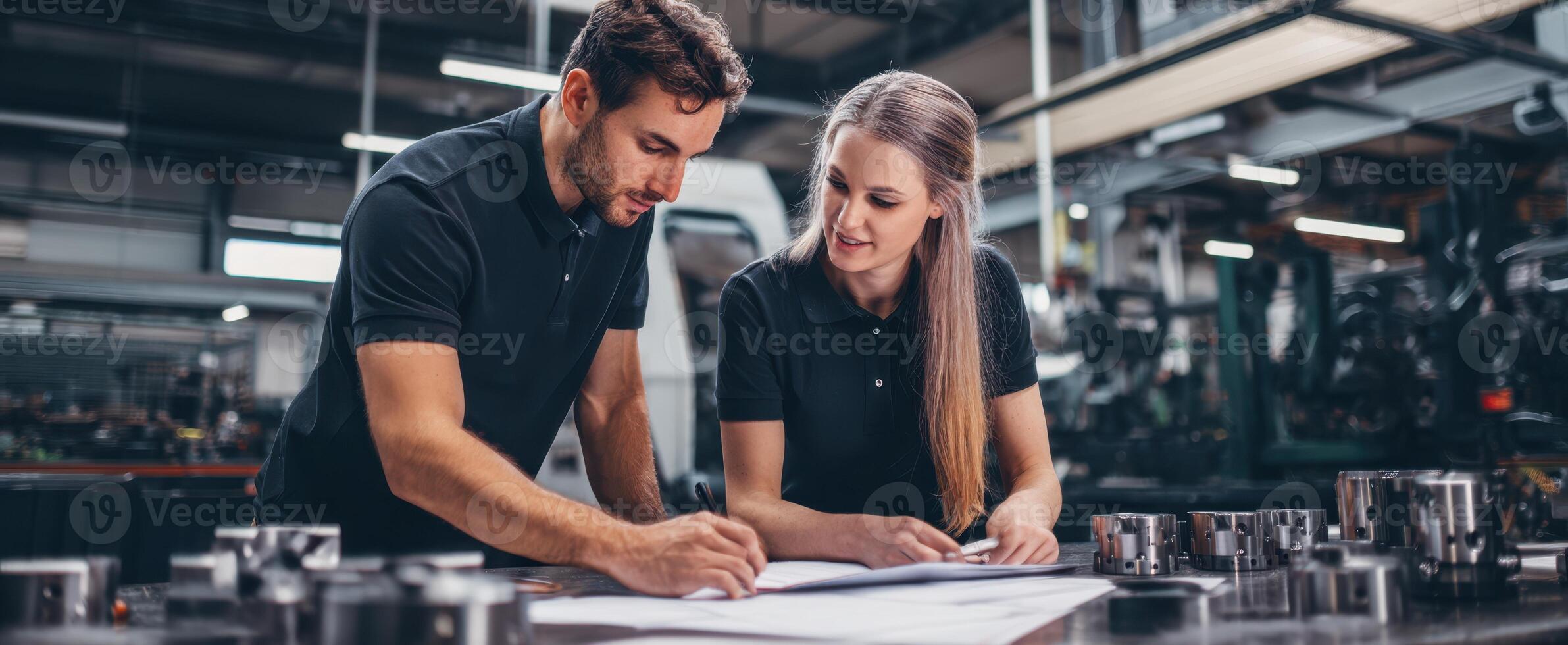 The engineers reviewing blueprints and collaborating in a modern workspace. photo