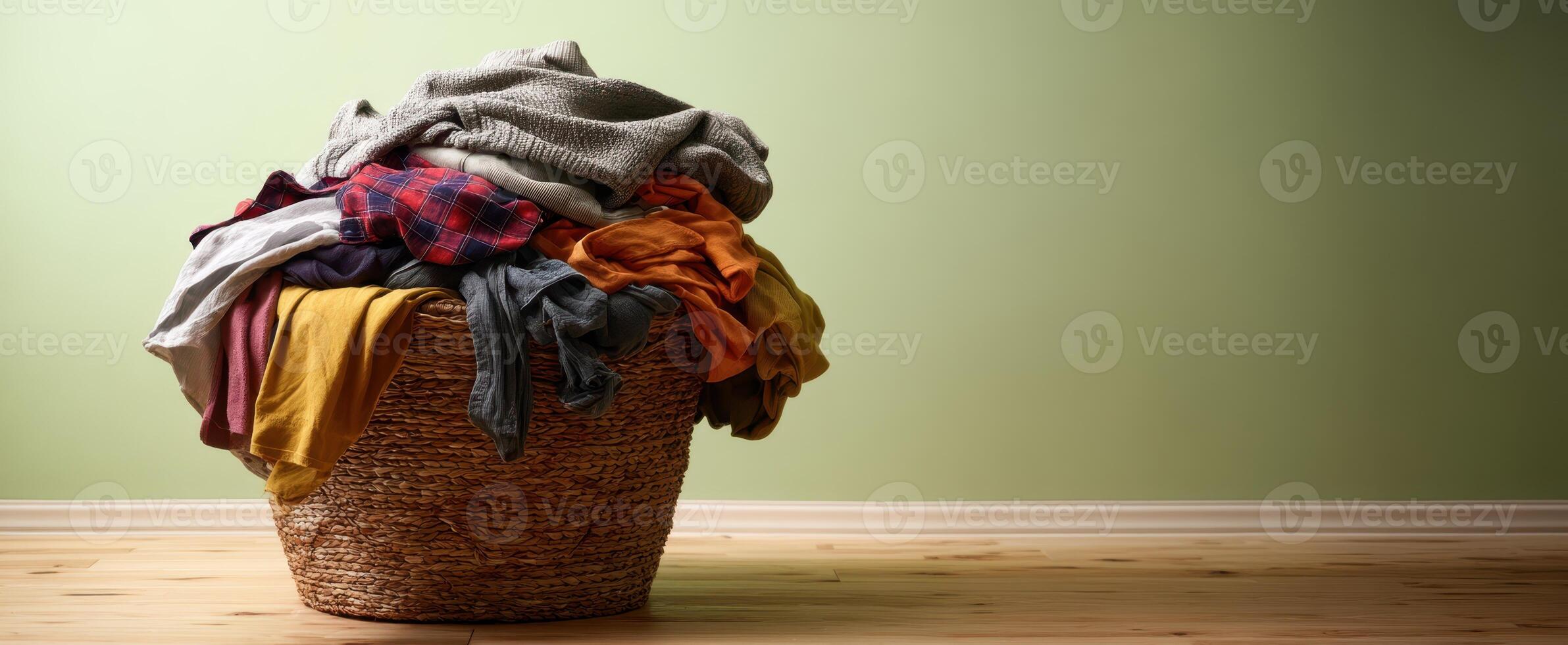 A basket full of clothes on a wooden floor photo