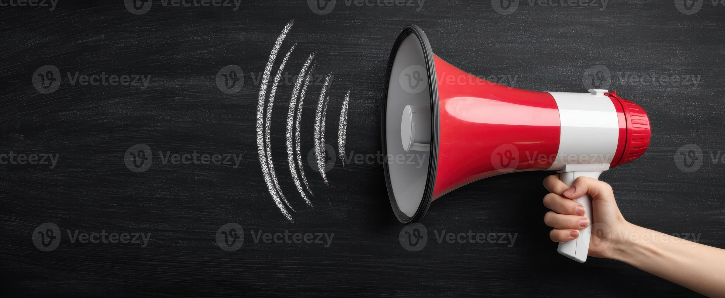 The megaphone broadcasting sound waves on a chalkboard background photo