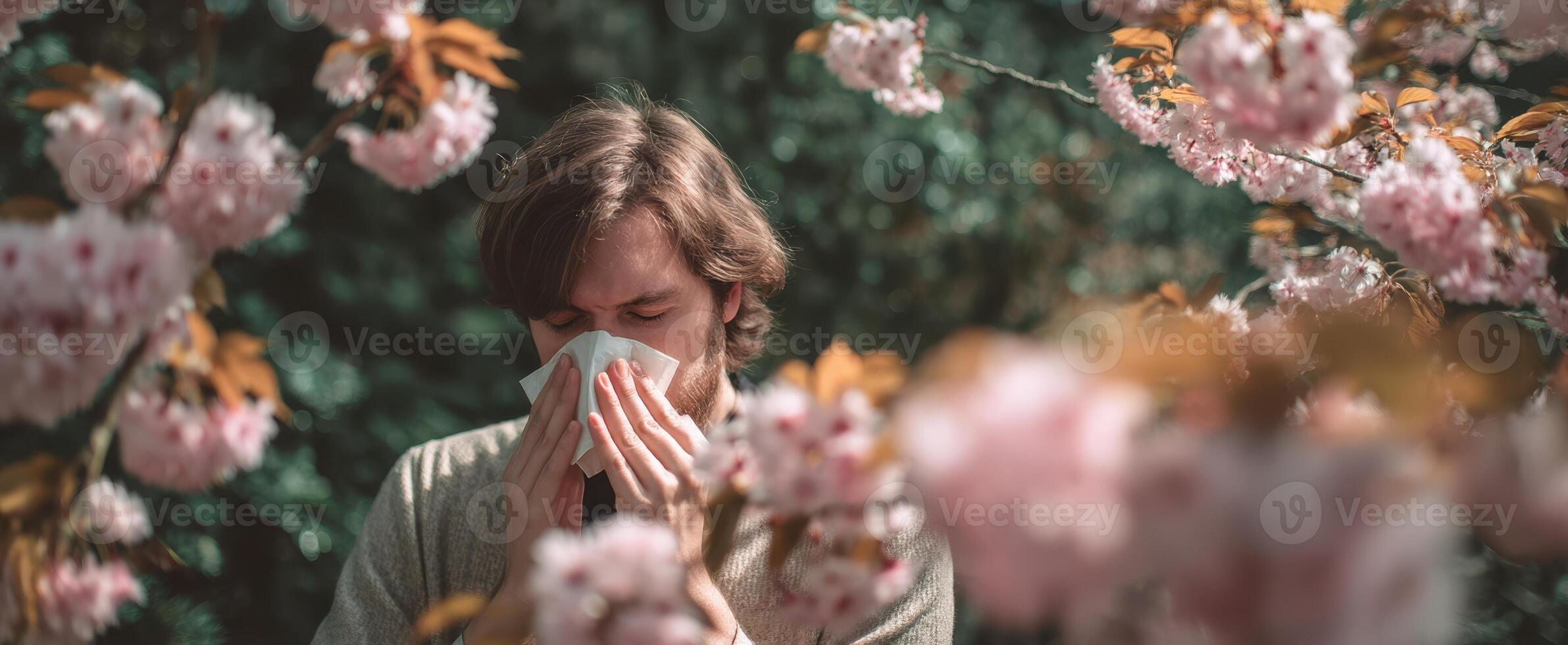 The man sneezing in a cherry blossom garden during the spring season. photo