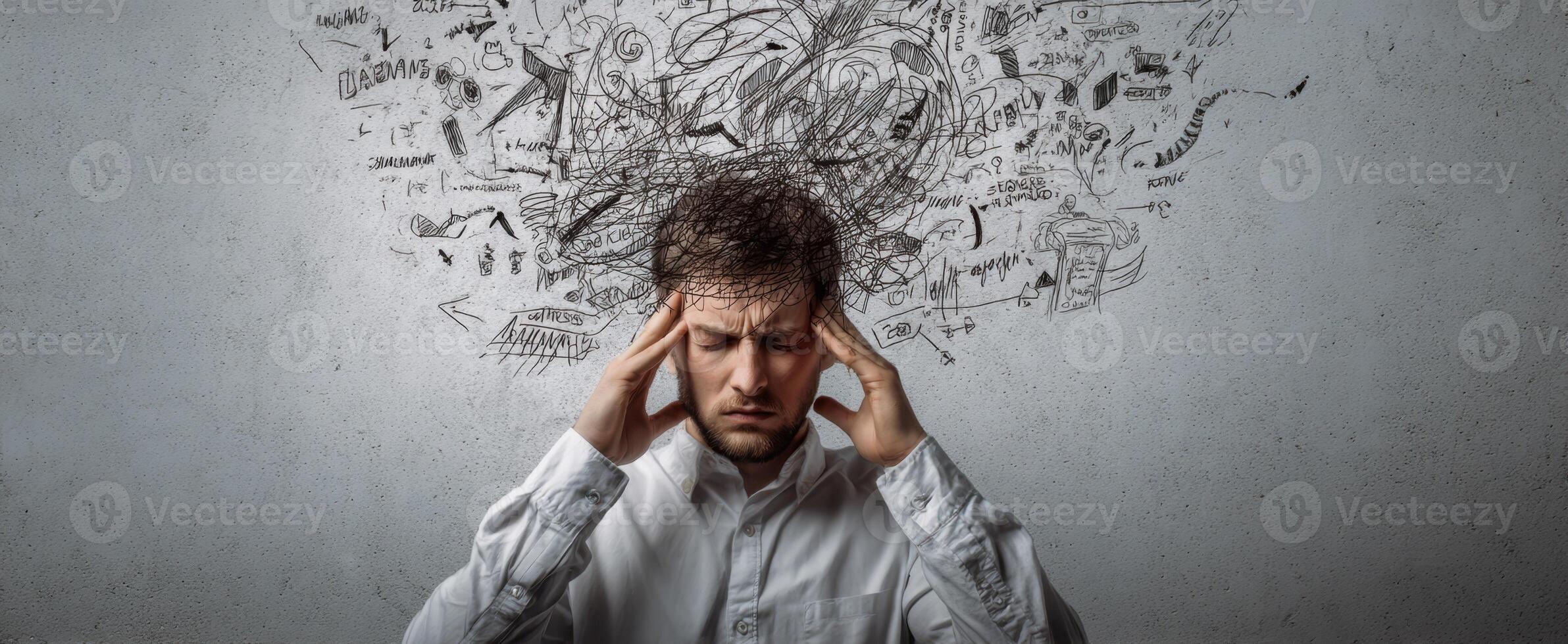 The man experiencing overwhelming thoughts and stress in a chaotic scene. photo