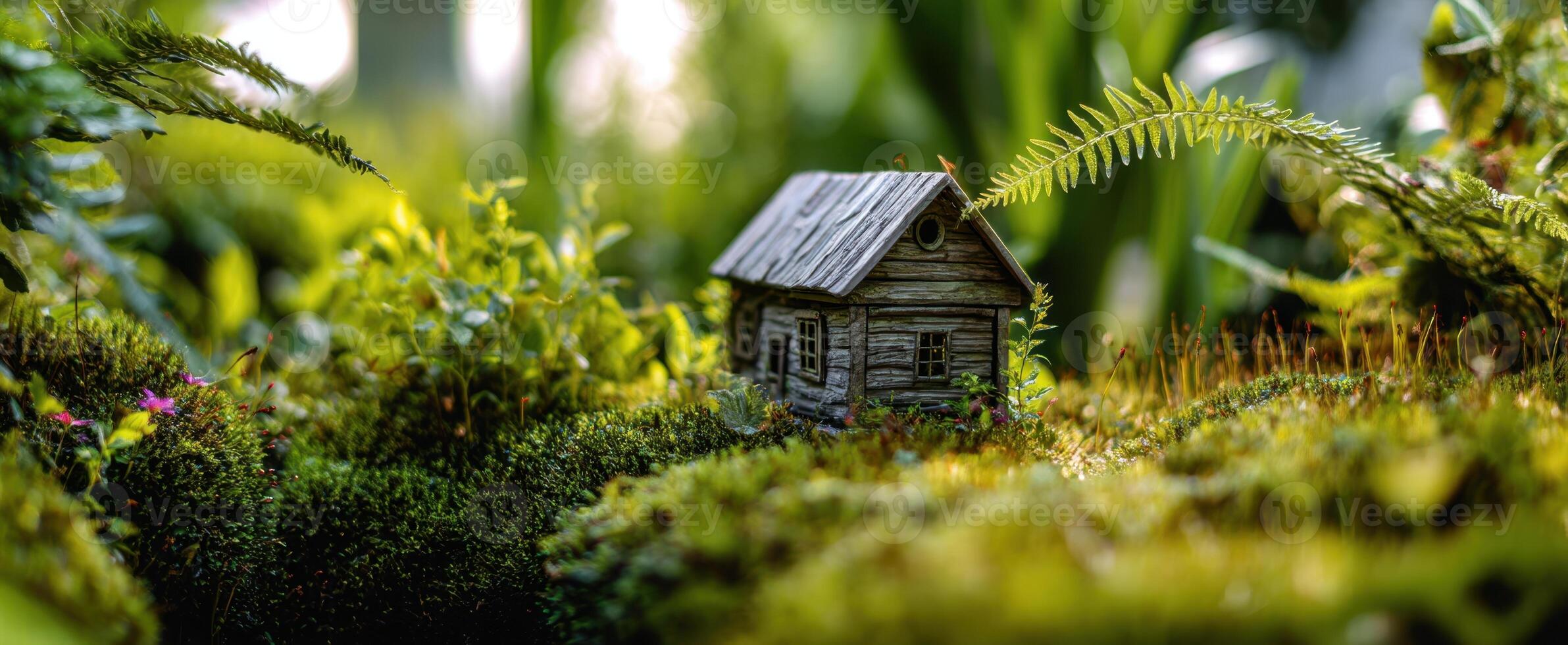 The Miniature House Nestled Among Vibrant Greenery in a Tranquil Setting photo