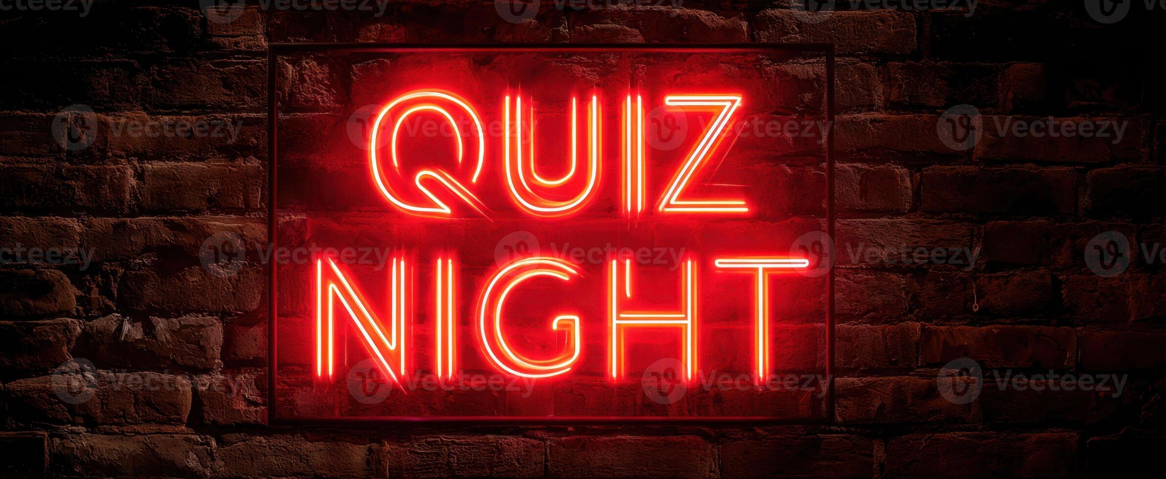 The glowing neon sign announcing quiz night in a vibrant bar setting. photo